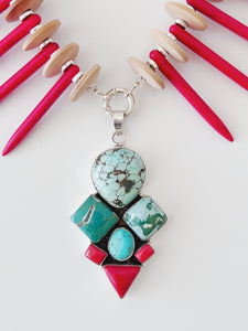 Turquoise & Red Coral Spikes Necklace