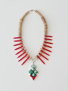 Turquoise & Red Coral Spikes Necklace