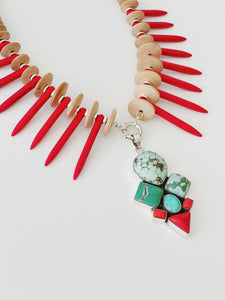 Turquoise & Red Coral Spikes Necklace