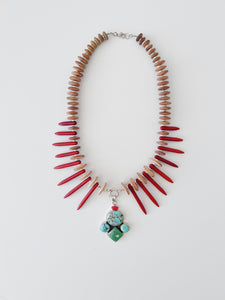 Turquoise & Red Coral Spikes Necklace