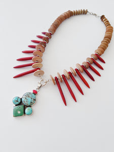 Turquoise & Red Coral Spikes Necklace