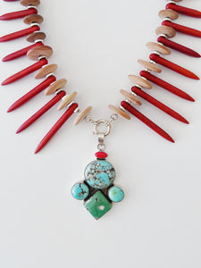 Turquoise & Red Coral Spikes Necklace