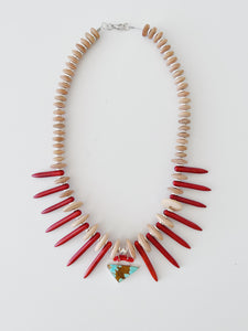 Turquoise & Red Coral Spikes Necklace