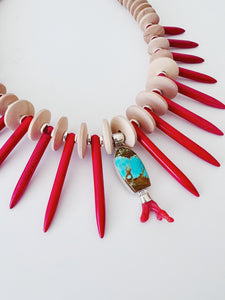 Turquoise & Red Coral Spikes Necklace