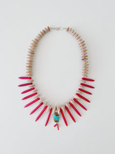 Turquoise & Red Coral Spikes Necklace