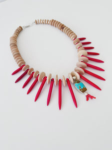 Turquoise & Red Coral Spikes Necklace